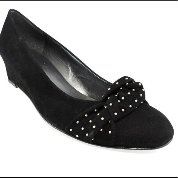 Stuart Weitzman Black‎ Dotsun Suede Bow Low Wedge Heels Shoes Black 7 - Picture 1 of 15